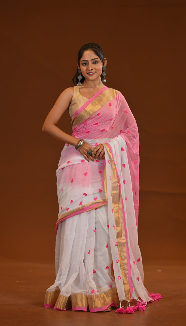 White & Pink Khadi Cotton Saree With Tassels