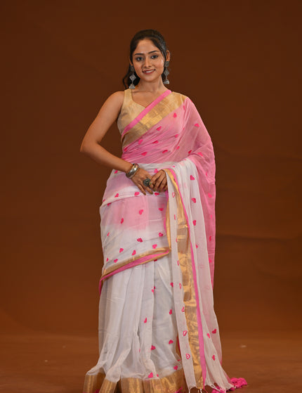 White & Pink Khadi Cotton Saree With Tassels