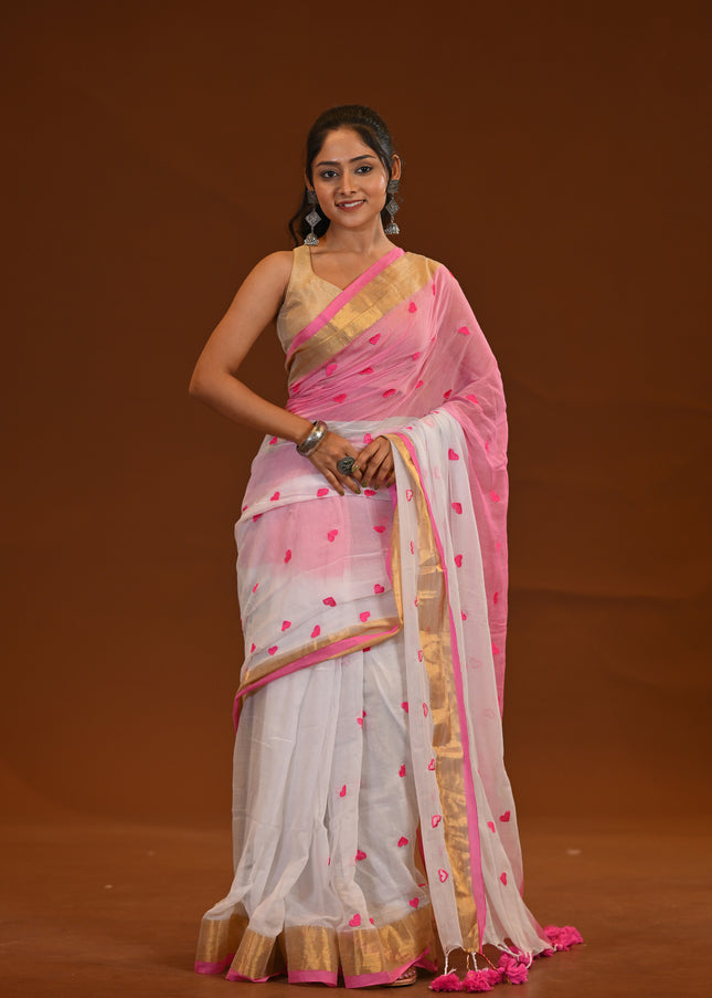 White & Pink Khadi Cotton Saree With Tassels