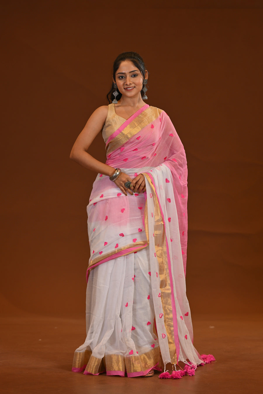 White & Pink Khadi Cotton Saree With Tassels