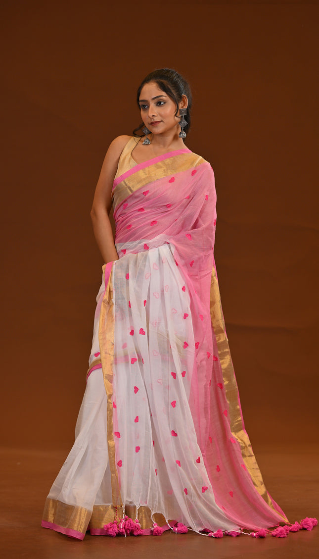 White & Pink Khadi Cotton Saree With Tassels