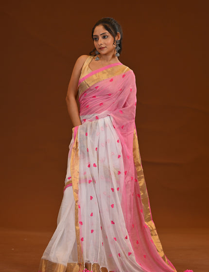 White & Pink Khadi Cotton Saree With Tassels