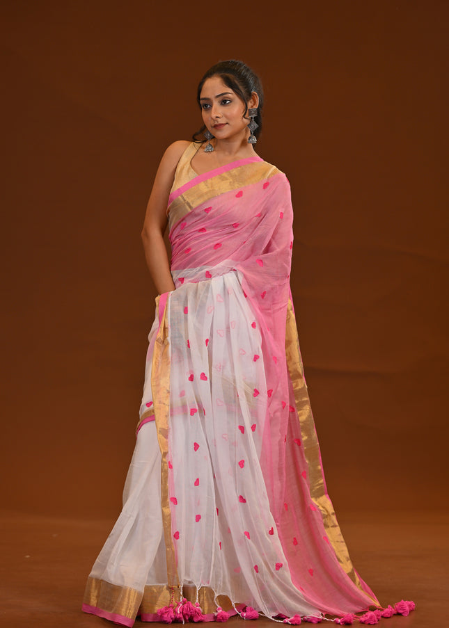 White & Pink Khadi Cotton Saree With Tassels
