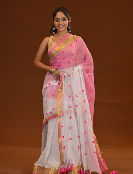 White & Pink Khadi Cotton Saree With Tassels