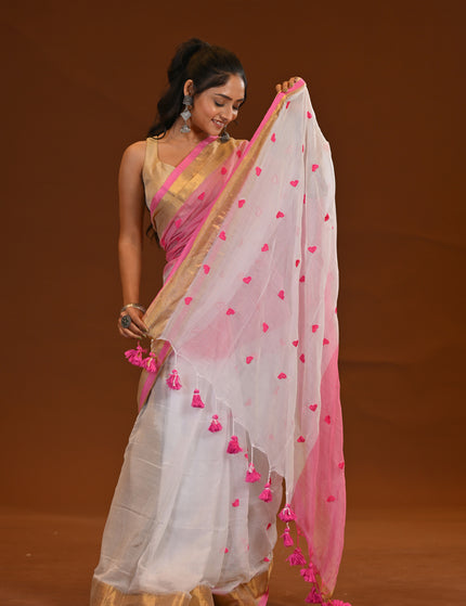 White & Pink Khadi Cotton Saree With Tassels