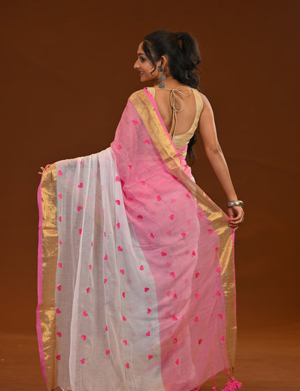 White & Pink Khadi Cotton Saree With Tassels