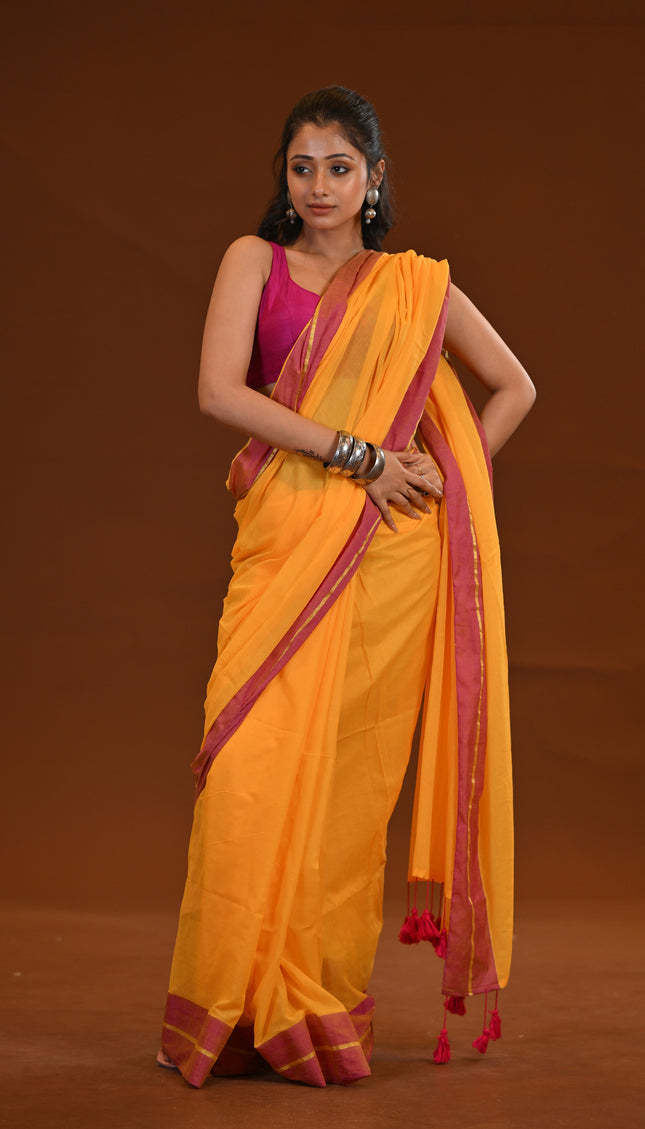 Yellow Mulmul Cotton Saree With Pink Border