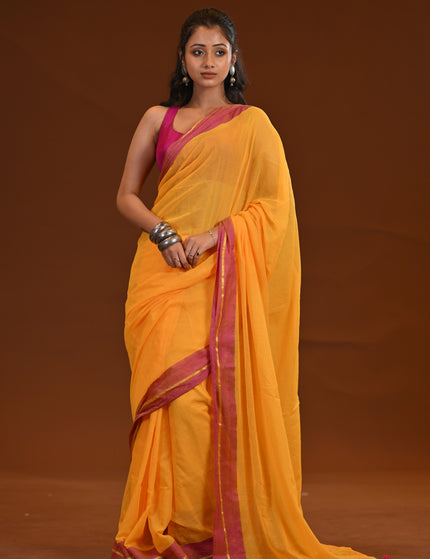 Yellow Mulmul Cotton Saree With Pink Border