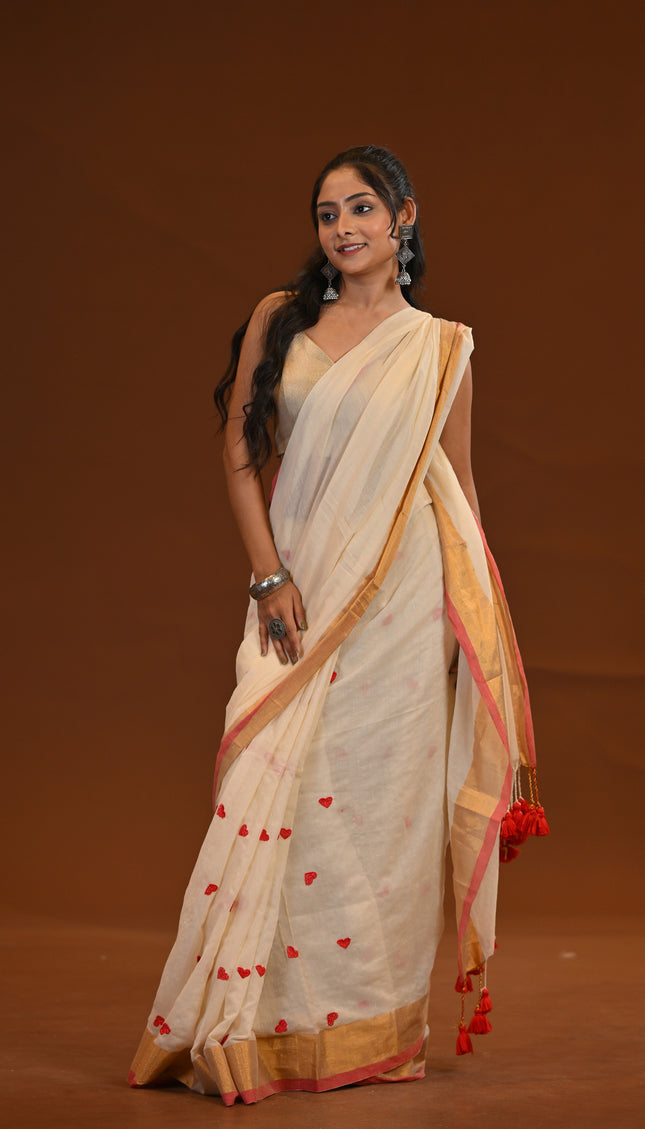 Off White Love Khadi Saree With Red Motifs