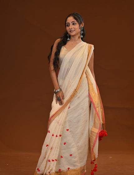 Off White Love Khadi Saree With Red Motifs