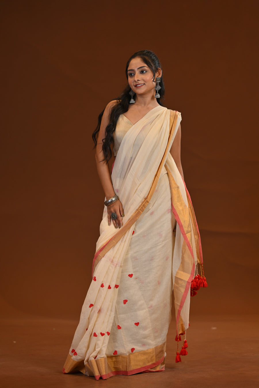 Off White Love Khadi Saree With Red Motifs