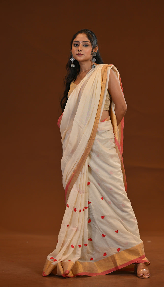 Off White Love Khadi Saree With Red Motifs
