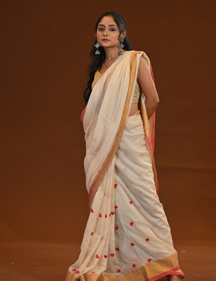 Off White Love Khadi Saree With Red Motifs