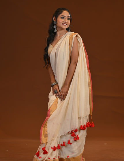 Off White Love Khadi Saree With Red Motifs