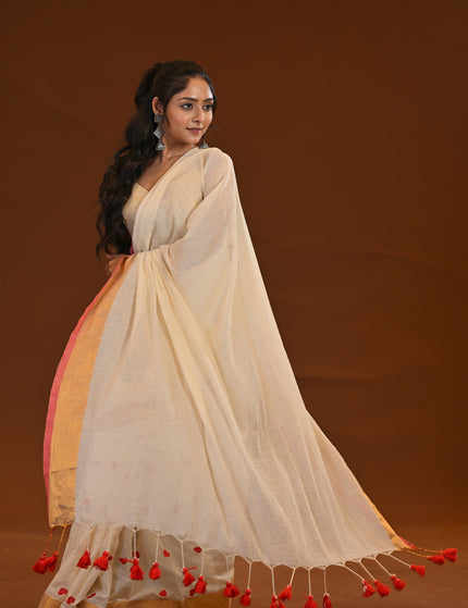 Off White Love Khadi Saree With Red Motifs