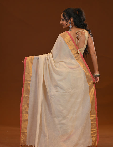 Off White Love Khadi Saree With Red Motifs