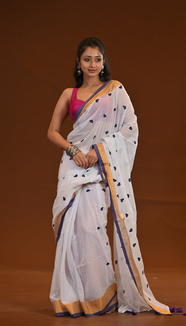 White Khadi Saree With Violet Heart Motifs Gold Zari