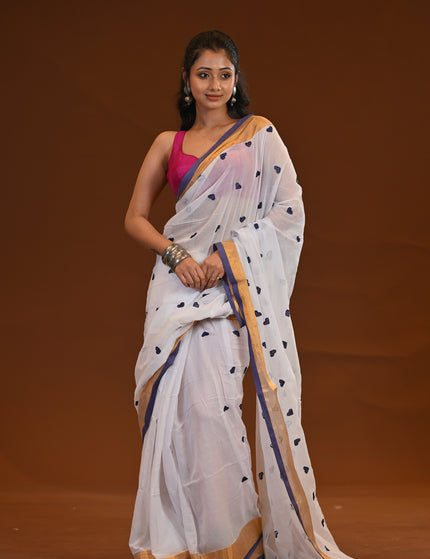 White Khadi Saree With Violet Heart Motifs Gold Zari