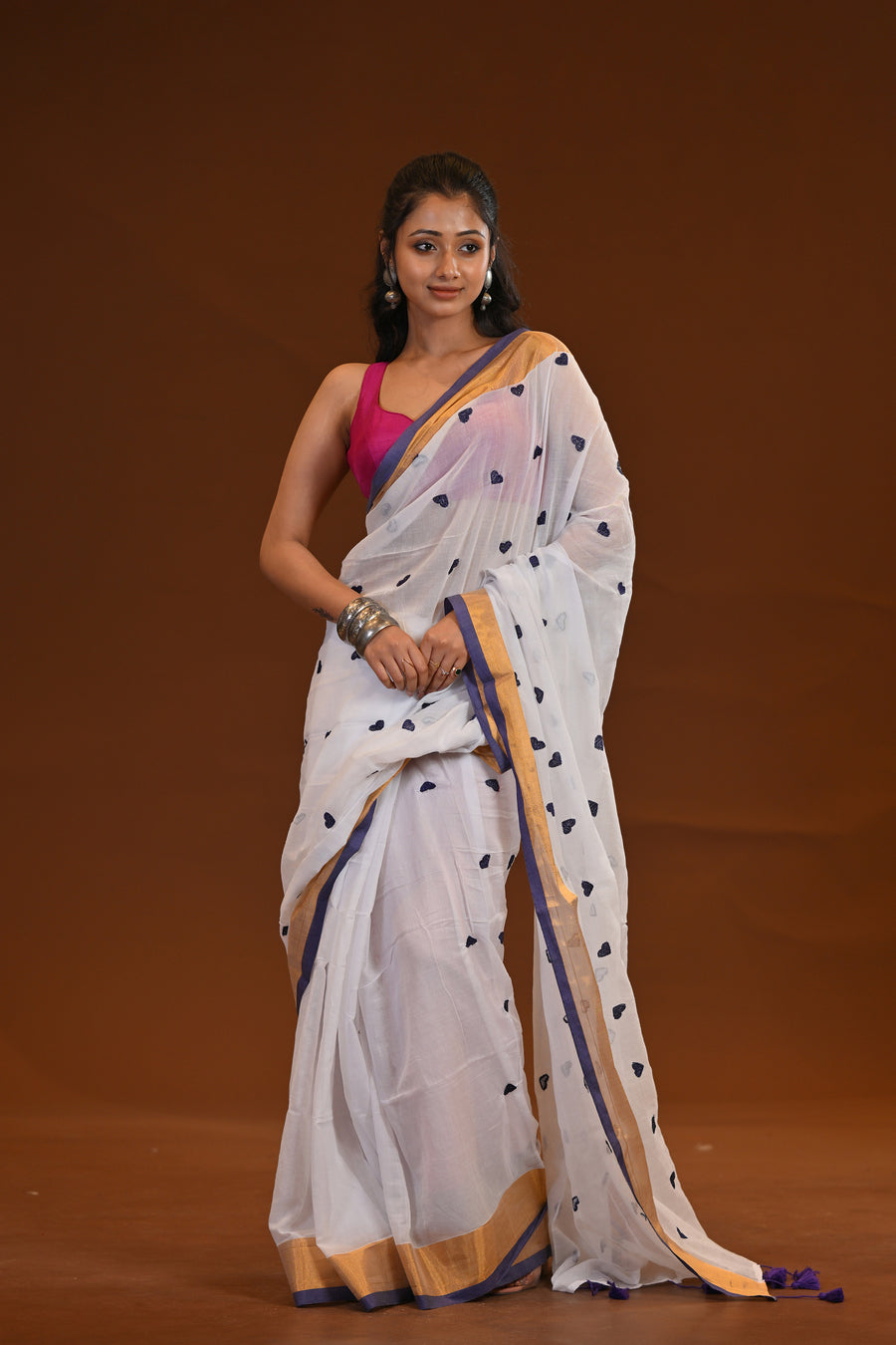White Khadi Saree With Violet Heart Motifs Gold Zari