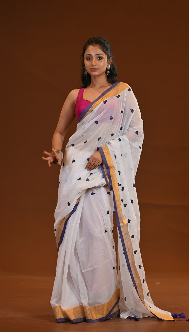 White Khadi Saree With Violet Heart Motifs Gold Zari