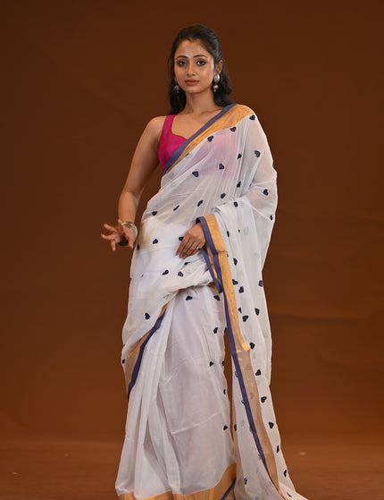 White Khadi Saree With Violet Heart Motifs Gold Zari