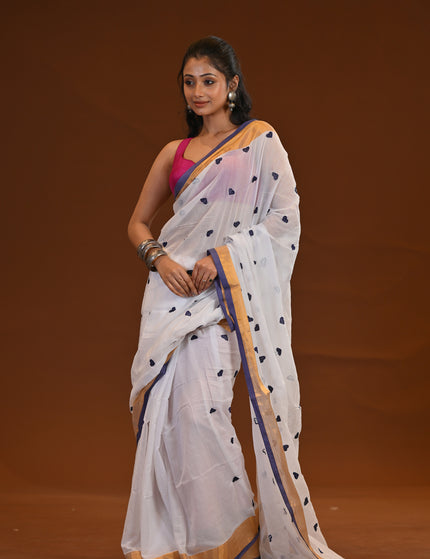 White Khadi Saree With Violet Heart Motifs Gold Zari