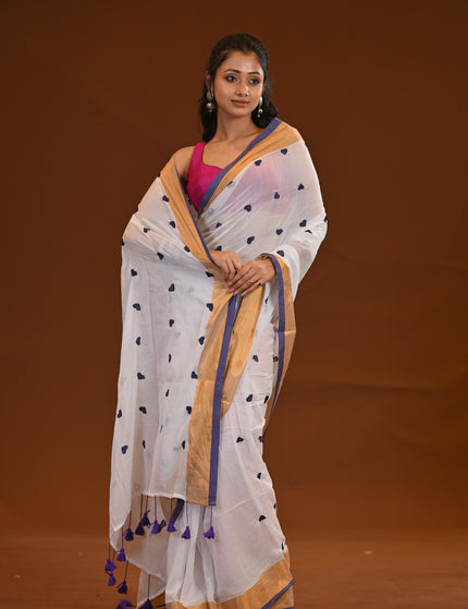 White Khadi Saree With Violet Heart Motifs Gold Zari