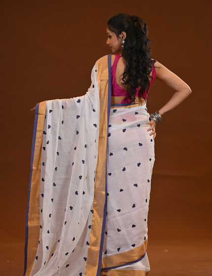 White Khadi Saree With Violet Heart Motifs Gold Zari