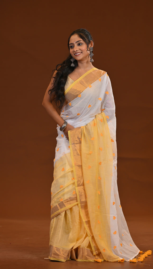 Two Toned Khadi Saree With Golden Border And Heart Motifs