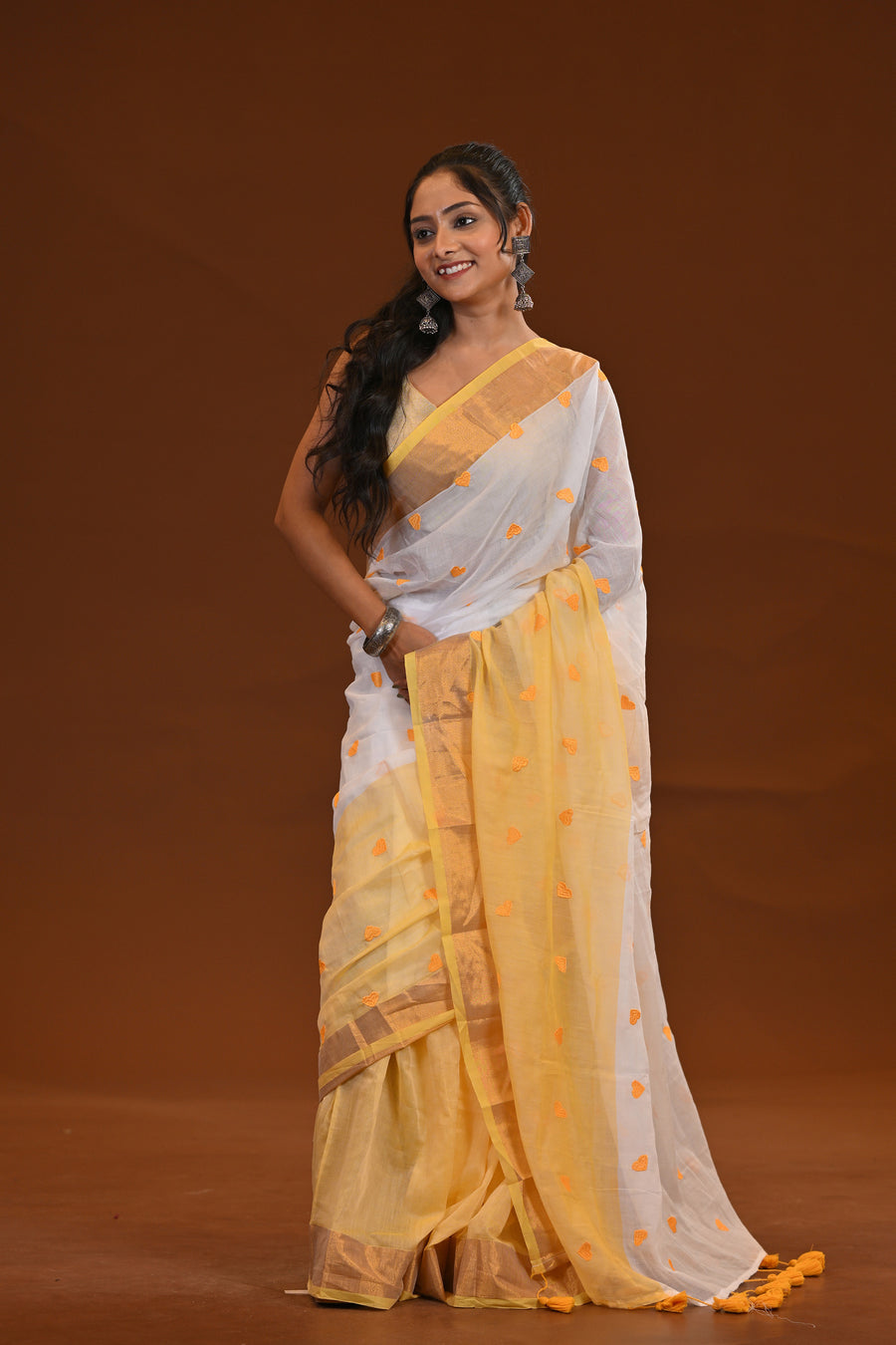 Two Toned Khadi Saree With Golden Border And Heart Motifs
