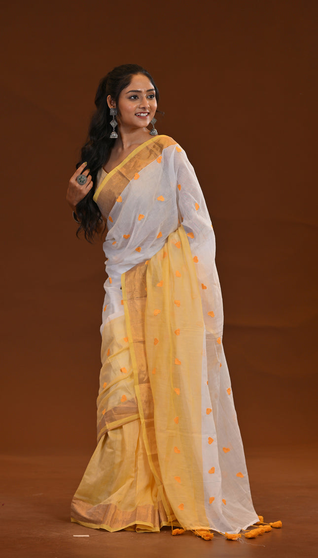 Two Toned Khadi Saree With Golden Border And Heart Motifs