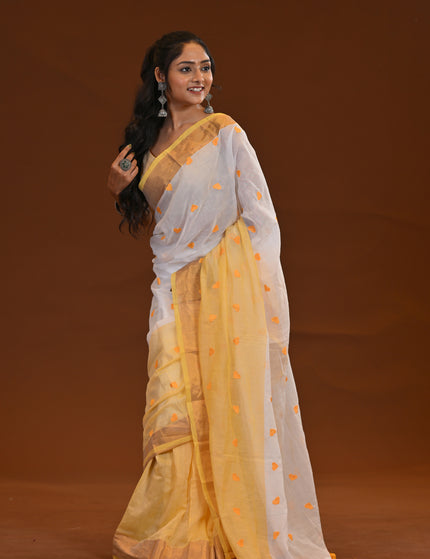 Two Toned Khadi Saree With Golden Border And Heart Motifs