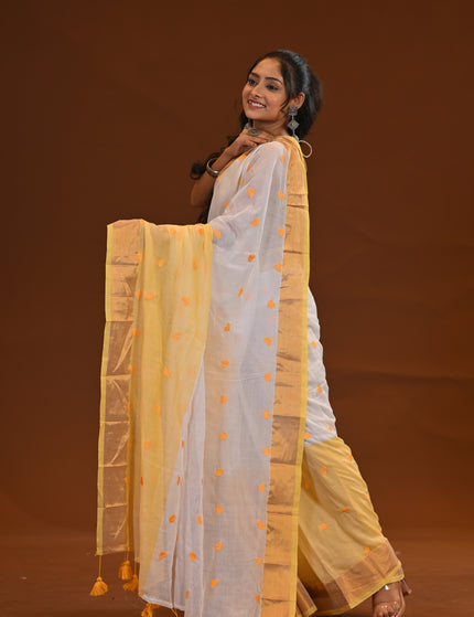 Two Toned Khadi Saree With Golden Border And Heart Motifs
