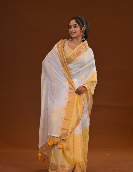 Two Toned Khadi Saree With Golden Border And Heart Motifs