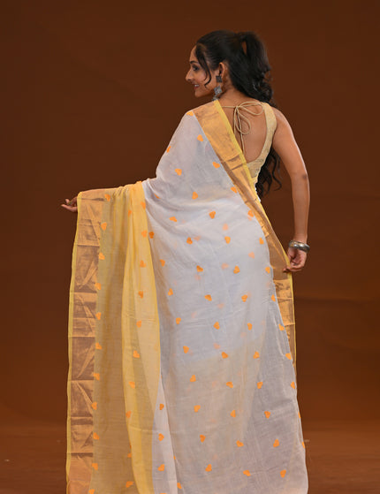 Two Toned Khadi Saree With Golden Border And Heart Motifs