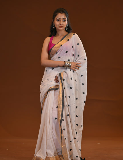 White Love Khadi Saree Black Heart Motifs Gold Zari