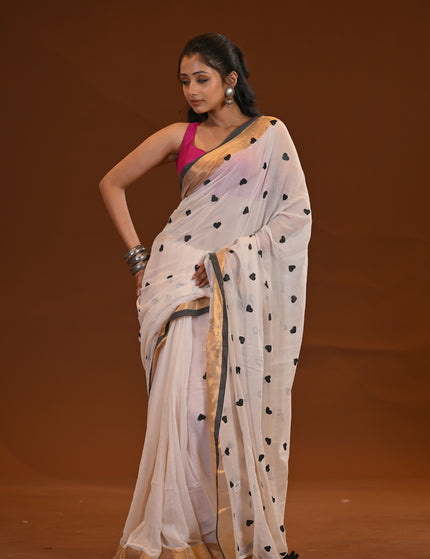 White Love Khadi Saree Black Heart Motifs Gold Zari