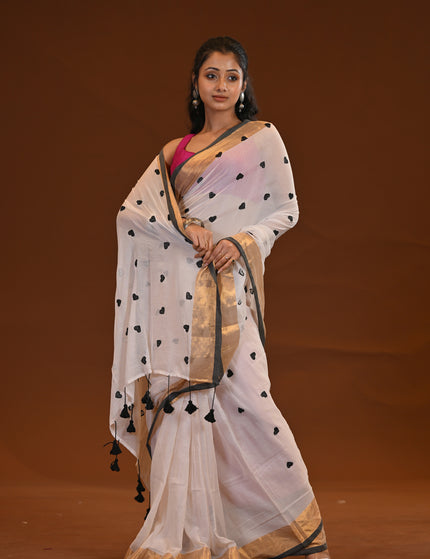 White Love Khadi Saree Black Heart Motifs Gold Zari