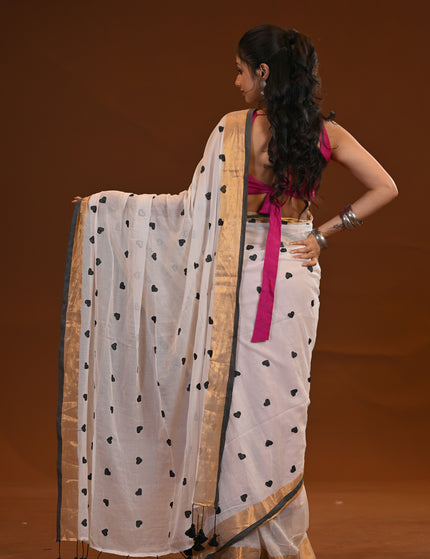 White Love Khadi Saree Black Heart Motifs Gold Zari