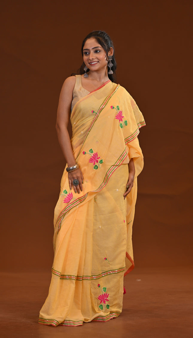 Yellow Cotton Khadi Saree Lotus Hand Painted Cotton
