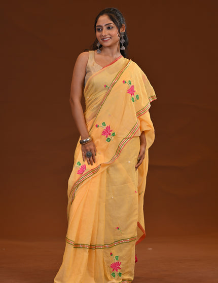 Yellow Cotton Khadi Saree Lotus Hand Painted Cotton