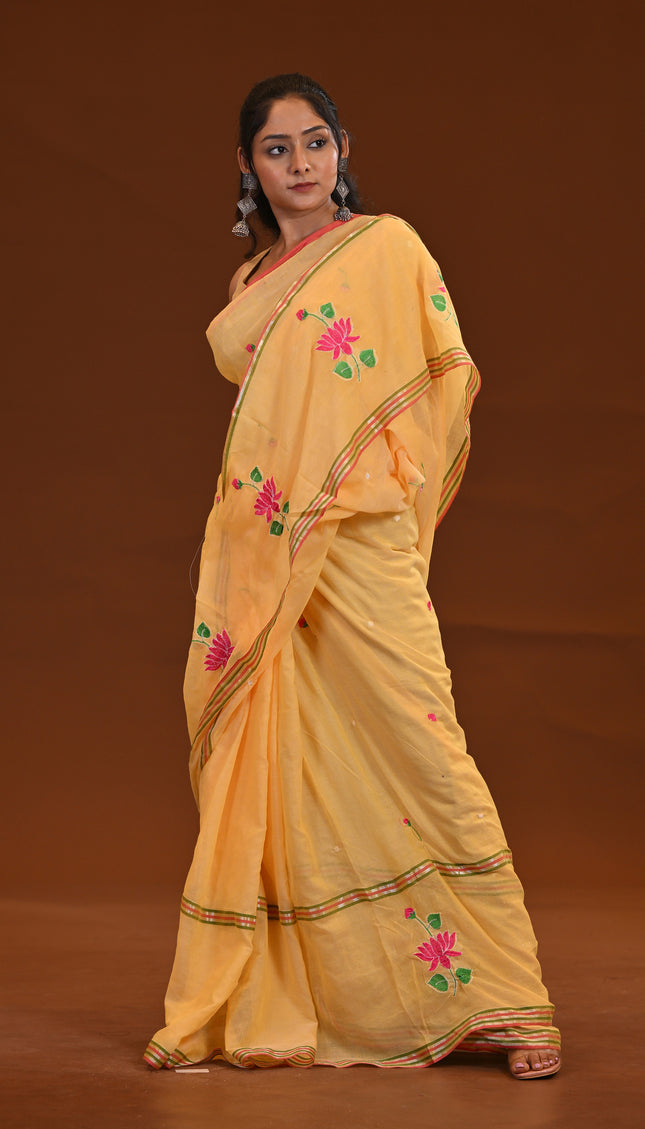 Yellow Cotton Khadi Saree Lotus Hand Painted Cotton