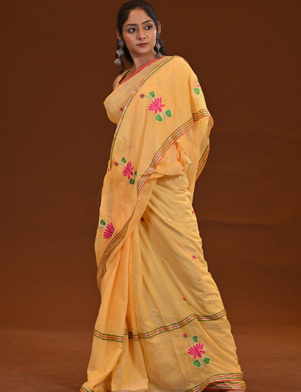 Yellow Cotton Khadi Saree Lotus Hand Painted Cotton