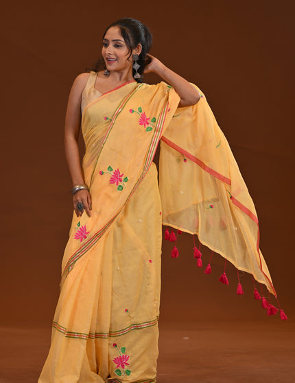 Yellow Cotton Khadi Saree Lotus Hand Painted Cotton