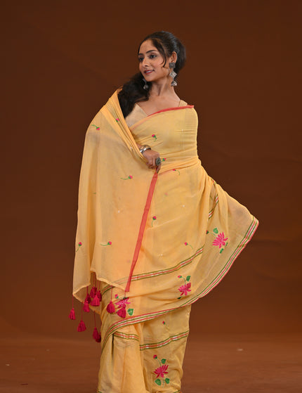 Yellow Cotton Khadi Saree Lotus Hand Painted Cotton