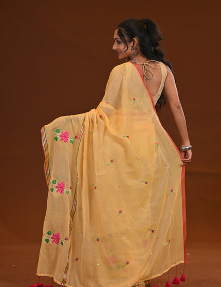 Yellow Cotton Khadi Saree Lotus Hand Painted Cotton