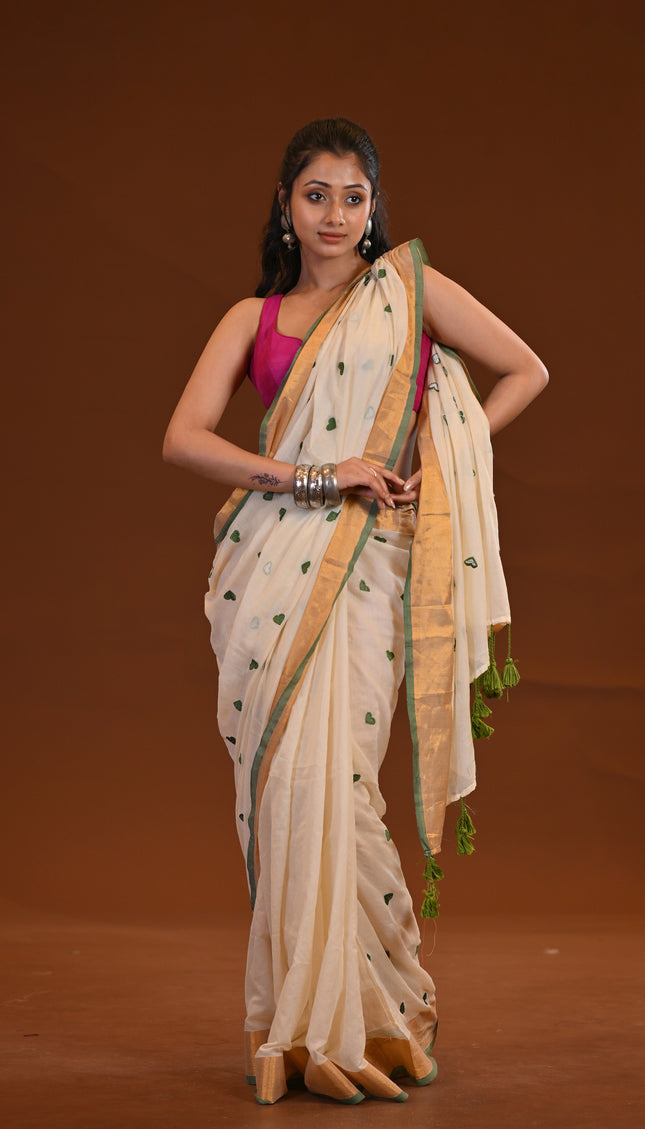 Off White Love Khadi Saree With Heart Motifs & Gold Border