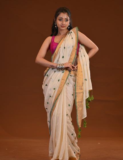 Off White Love Khadi Saree With Heart Motifs & Gold Border