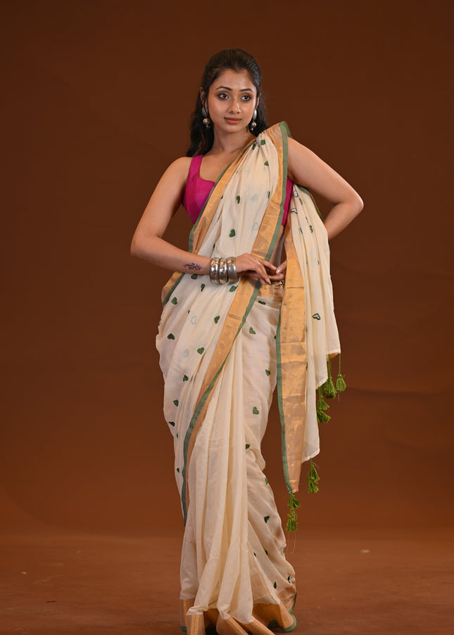 Off White Love Khadi Saree With Heart Motifs & Gold Border