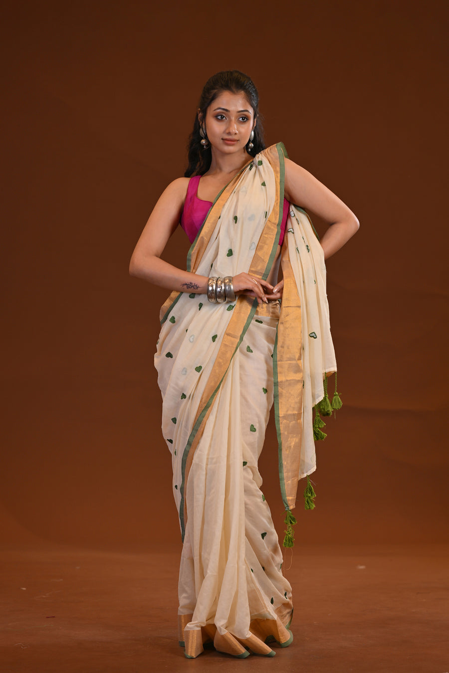 Off White Love Khadi Saree With Heart Motifs & Gold Border